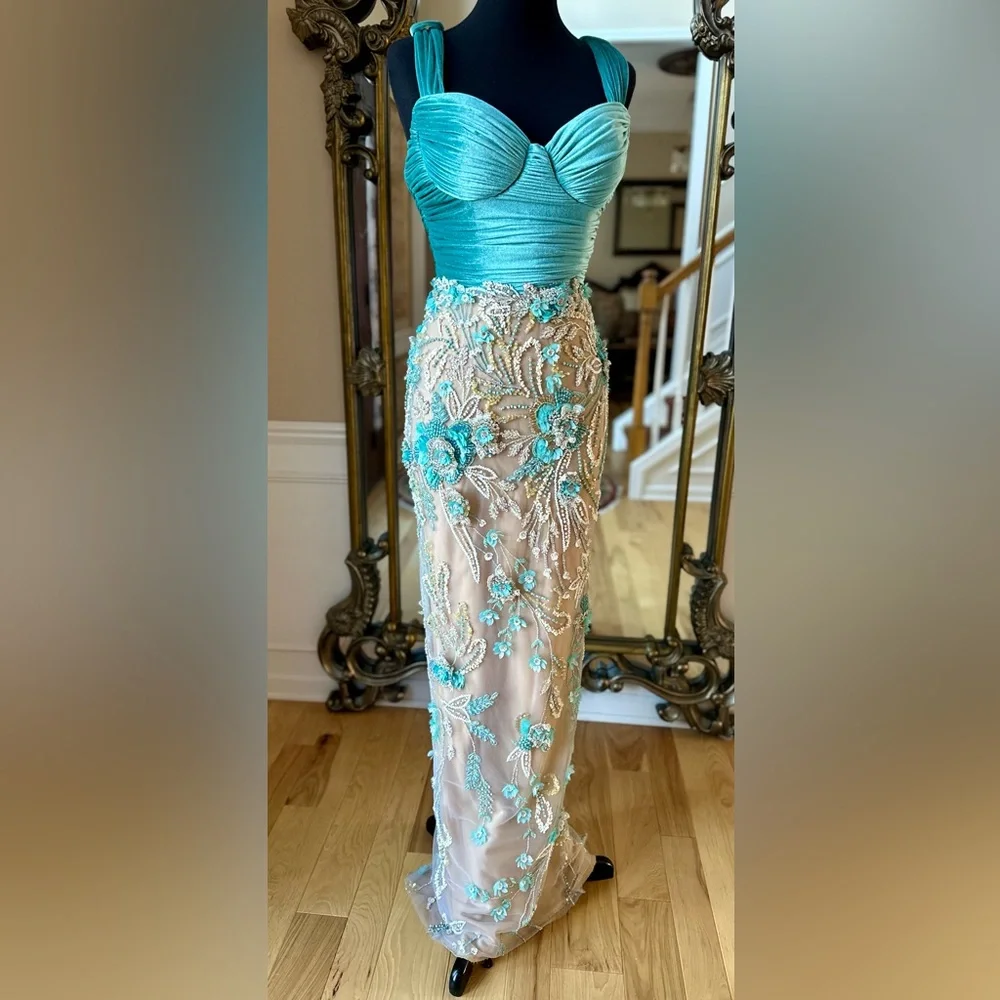Crystal Beaded Formal Sweetheart Neckline Custom Gown Beige Turquoise Size 4 - Picture 2 of 16